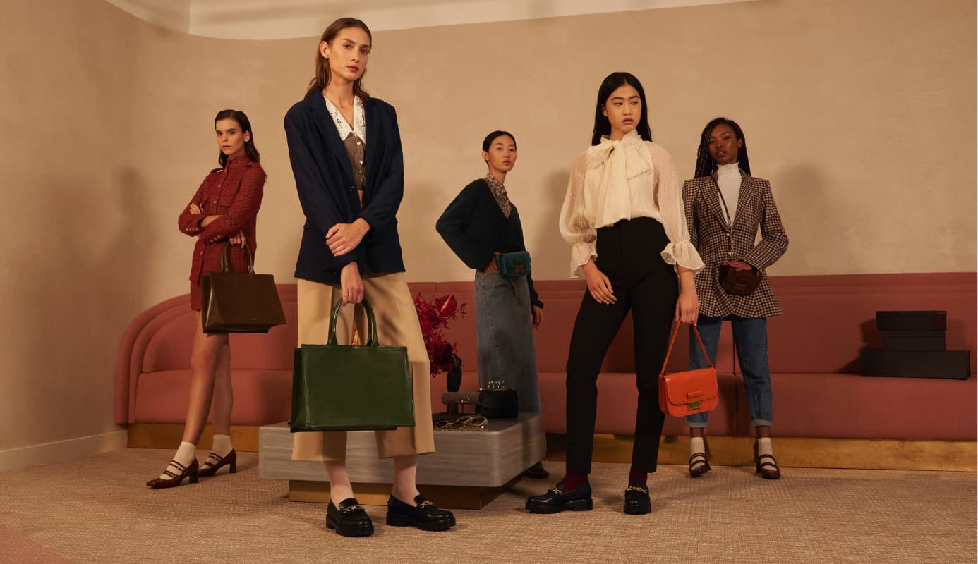 Women’s multi-strap mary jane pumps, metallic accent chunky loafers, large green tote bag, large brown tote bag, red front flap shoulder bag, blue belt bag, small brown crossbody bag – CHARLES & KEITH