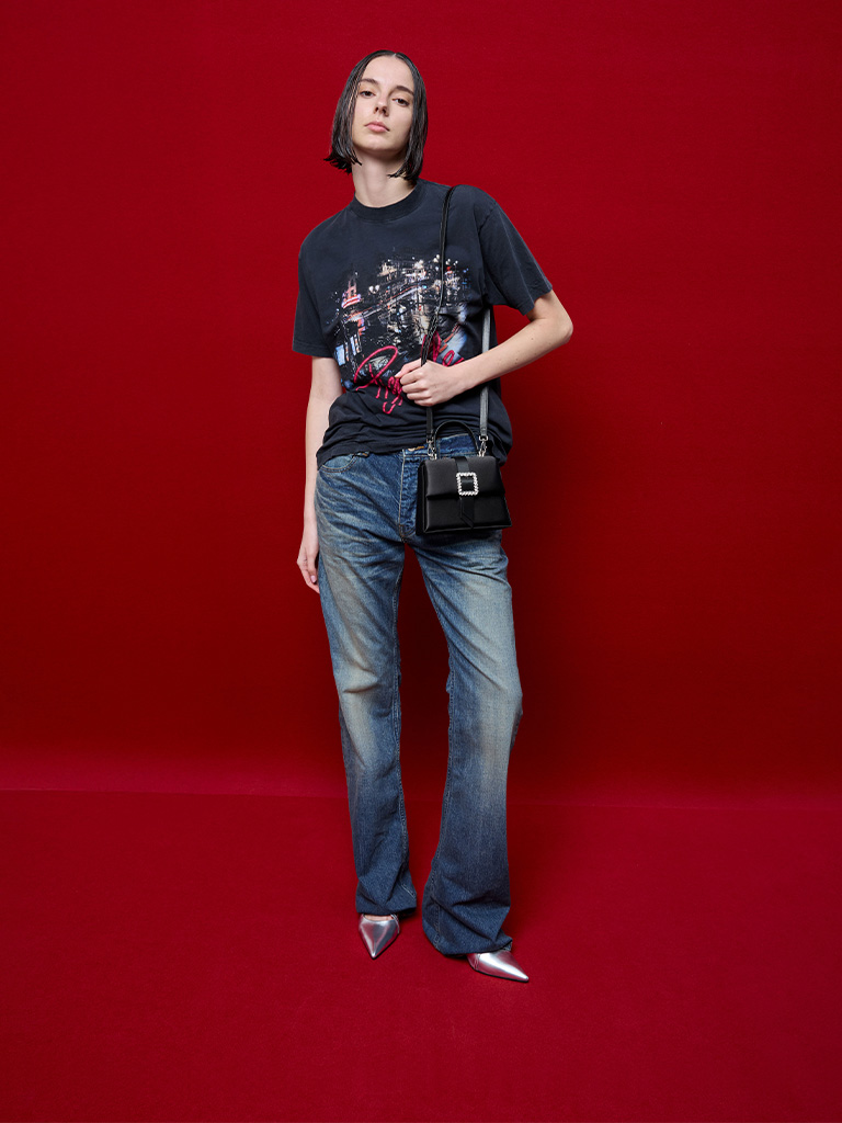 Satin Crystal-Buckle Belted Top Handle Bag in black — CHARLES & KEITH