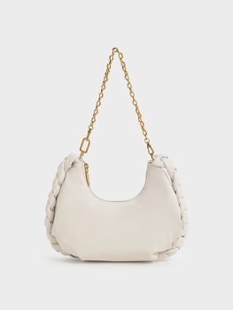 Chain Handle Braided Hobo Bag - Cream