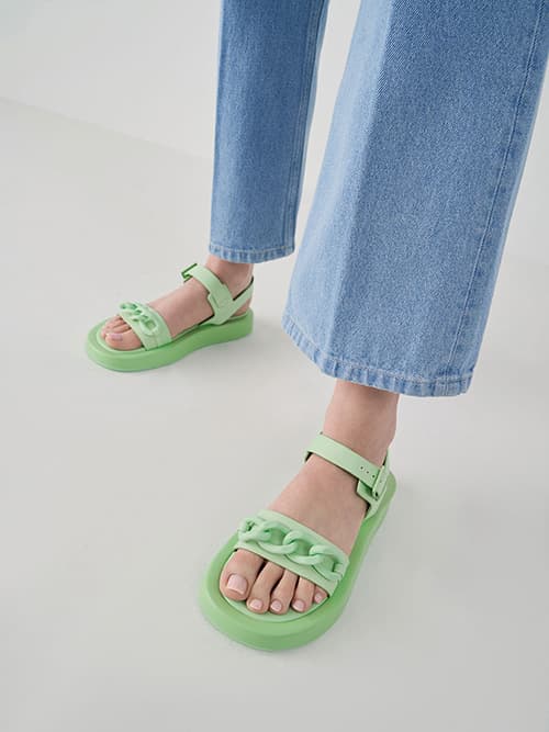 Chunky Chain-Link Ankle-Strap Padded Sandals, Green