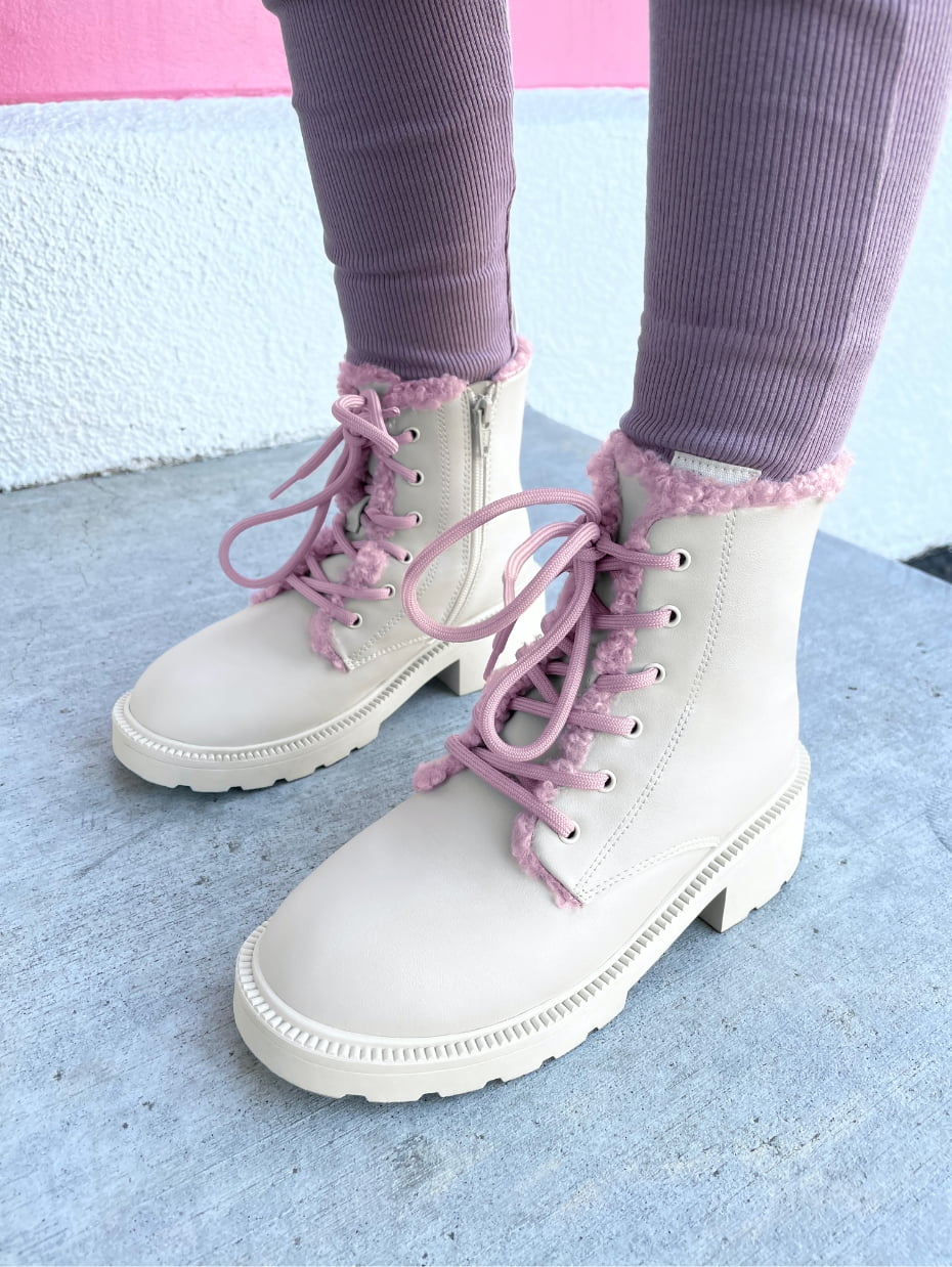 Girls’ fur-trimmed lace-up chunky ankle boots in white - CHARLES & KEITH