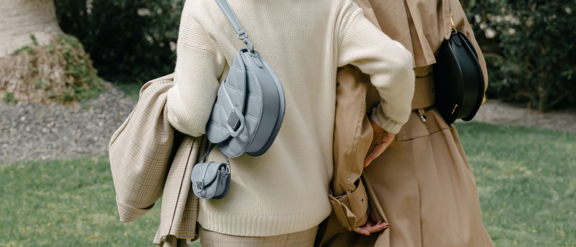 Mini Gabine quilted saddle bag and micro Gabine quilted saddle bag, both in steel blue and Mini Gabine saddle bag in black - CHARLES & KEITH