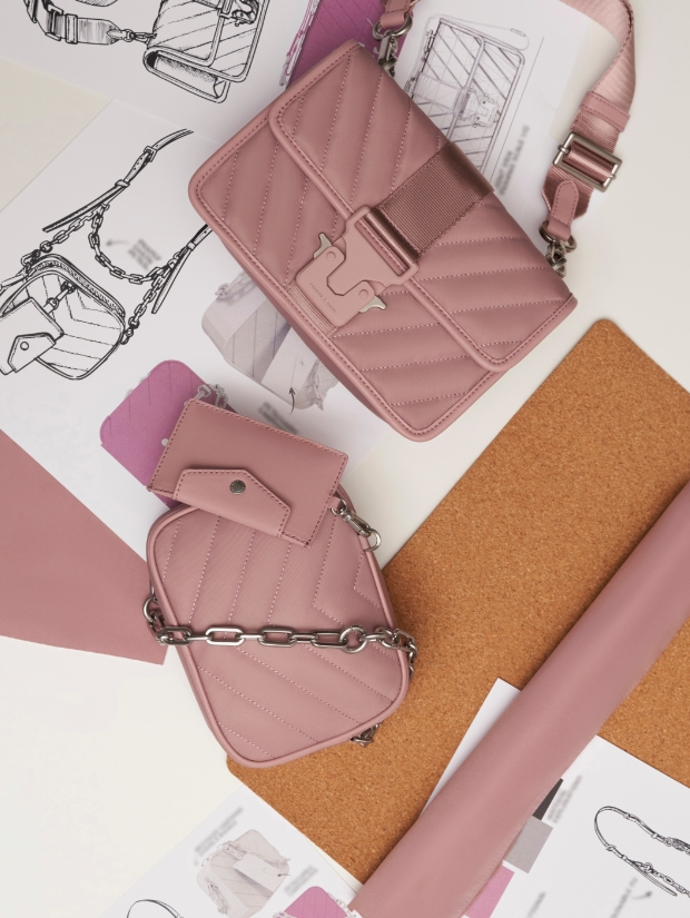 Sonia recycled nylon padded bag and boxy bag, both in pink - CHARLES & KEITH