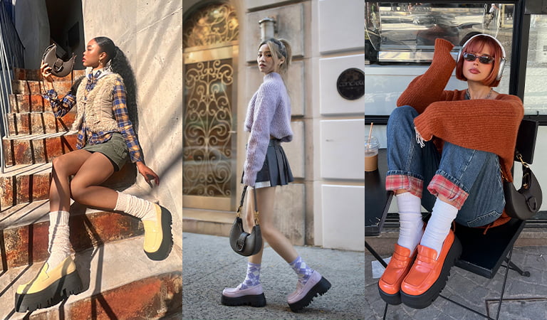 Women’s ITZY Gabine Belted Hobo Bag in dark moss; ITZY Rainier Chunky Platform Penny Loafers in orange, as seen on Ines Silva – CHARLES & KEITH