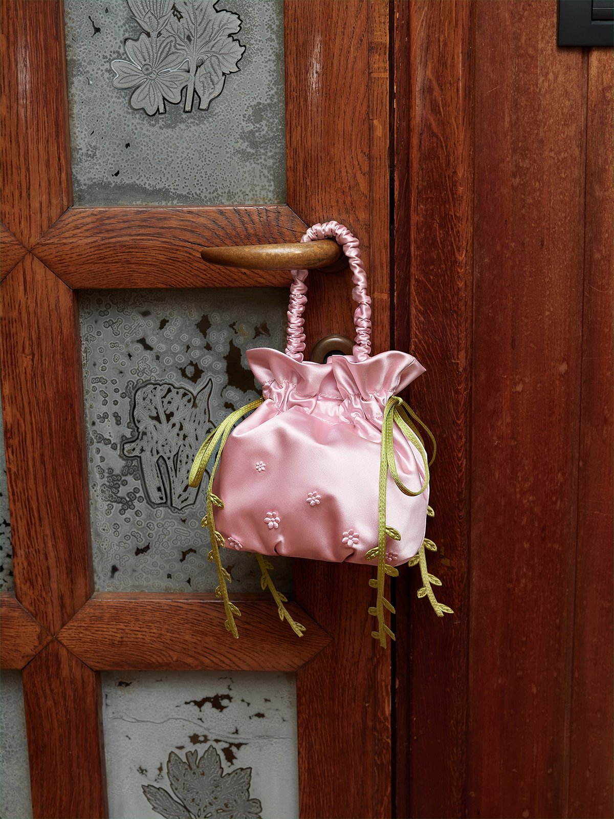 Pink Mabel Satin Floral-Vine Bucket Bag - CHARLES & KEITH