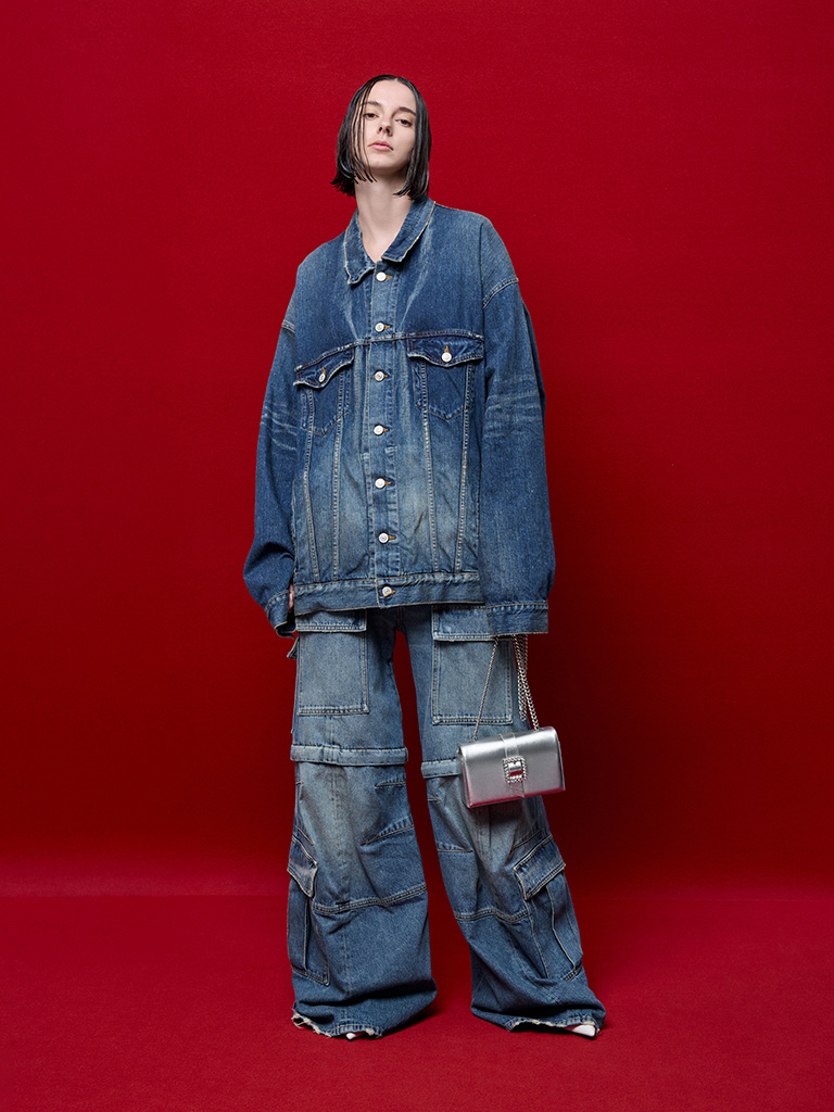 Metallic Crystal-Buckle Belted Chain-Handle Bag in silver and Metallic Crystal-Buckle Pointed-Toe Kitten-Heel Mules in silver — CHARLES & KEITH