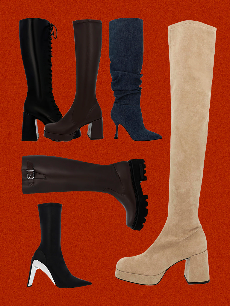 Women’s Devon Metallic Blade-Heel Ankle Boots, Evie Textured Platform Thigh-High Boots, Evie Platform Block-Heel Knee-High Boots, Orla Platform Knee-High Boots, Aster Denim Ruched Knee-High Boots and Imogen Side-Buckle Chunky Knee-High Boots - CHARLES & KEITH