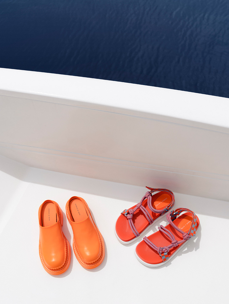 Women's orange chunky round toe mules and orange Hope check-print knotted rope sandals - CHARLES & KEITH