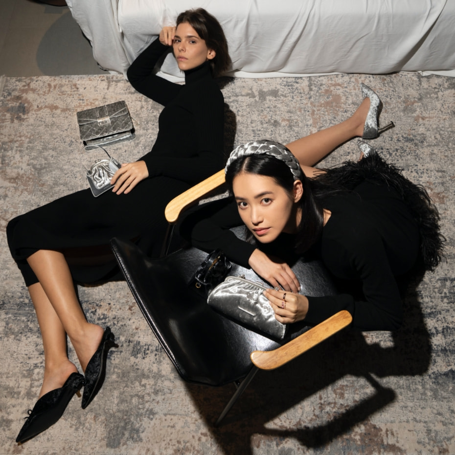 Women’s Azalea velvet bow-embellished mules, Elle velvet stiletto pumps, Edira velvet evening bag & lipstick case, and Claudette ruched top handle bag - CHARLES & KEITH