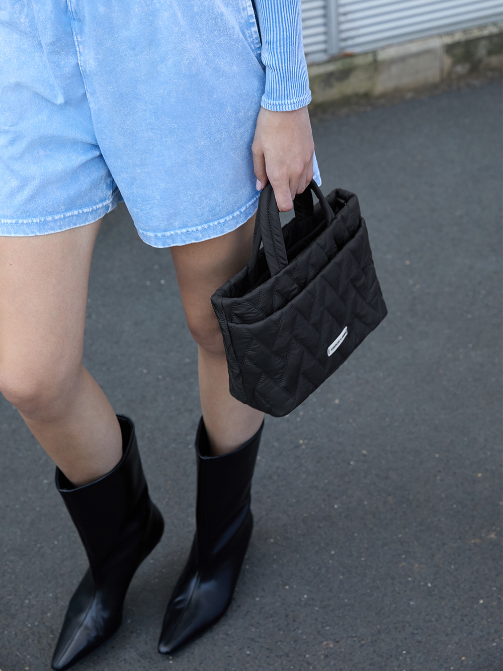 Women’s nylon chevron boxy tote bag in jet black and elongated square-toe kitten-heel calf boots in black - CHARLES & KEITH