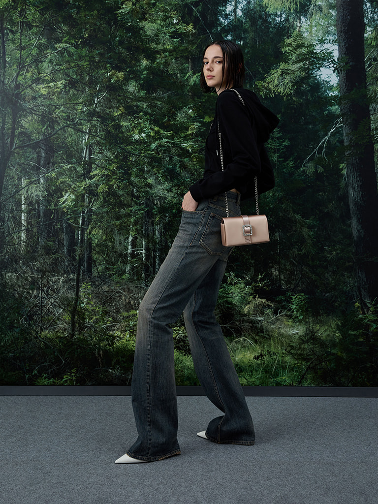 Satin Crystal-Buckle Belted Chain-Handle Bag in nude — CHARLES & KEITH