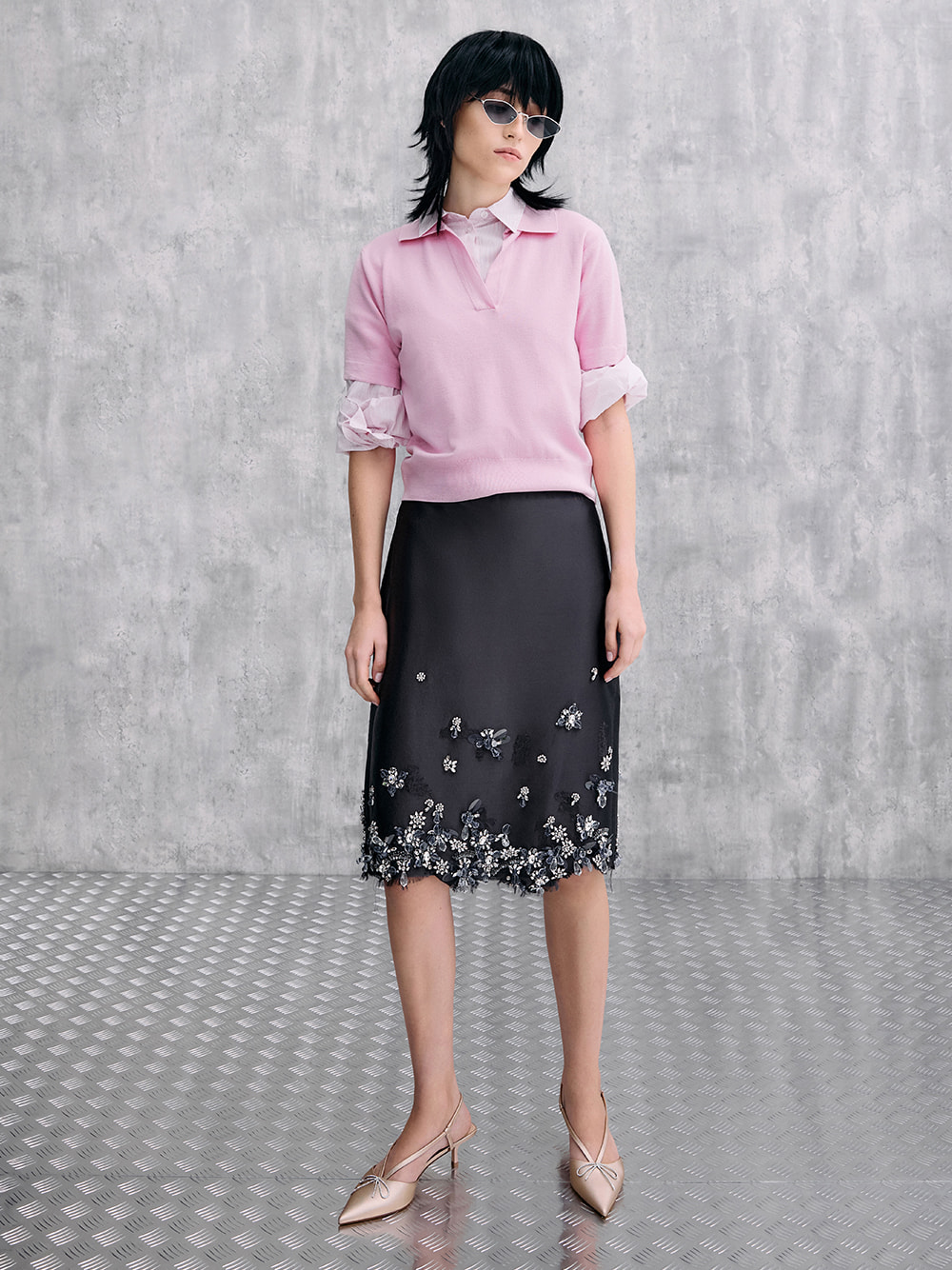 Women’s crystal-bow kitten-heel slingback pumps in nude - CHARLES & KEITH