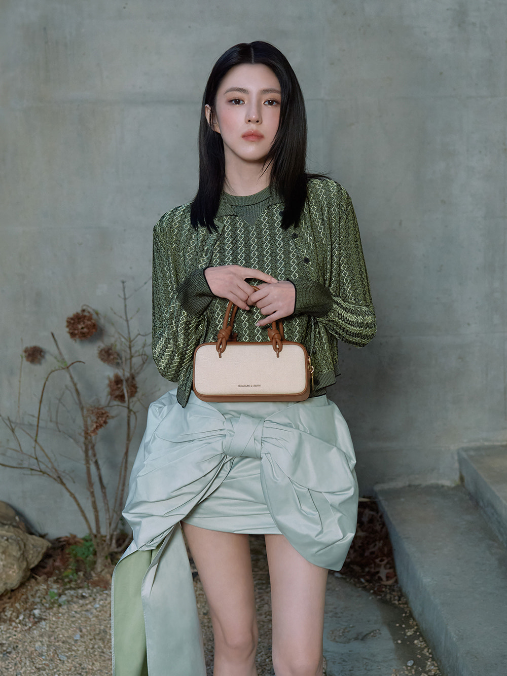 Women’s Sammie canvas knotted-handle elongated bag in taupe, as seen on Han So Hee - CHARLES & KEITH