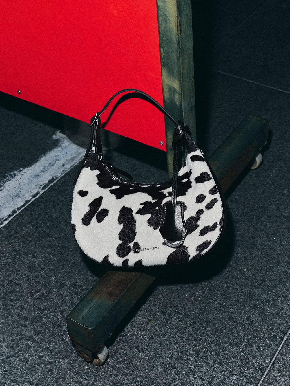 Vega Furry Cow-Print Hobo Bag - CHARLES & KEITH
