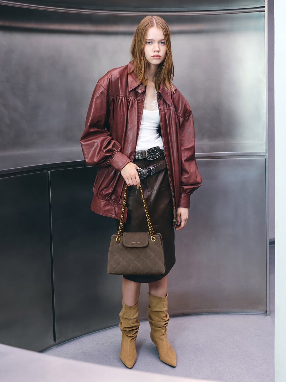 Apfra Quilted Shoulder Bag in stone grey and Faux Suede Ruched Kitten-Heel Calf Boots in sand - CHARLES & KEITH