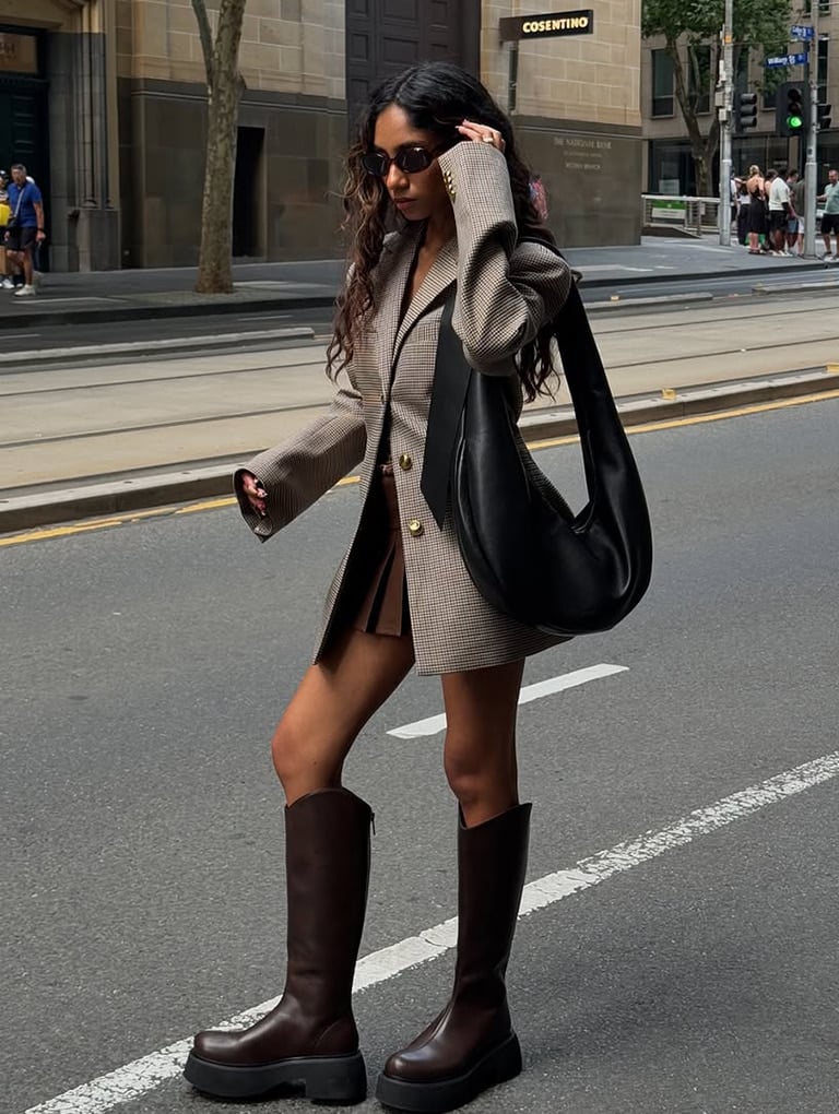 Women’s Toni knotted crescent hobo bag and cowboy platform knee-high boots, as seen on Tashiya – CHARLES & KEITH