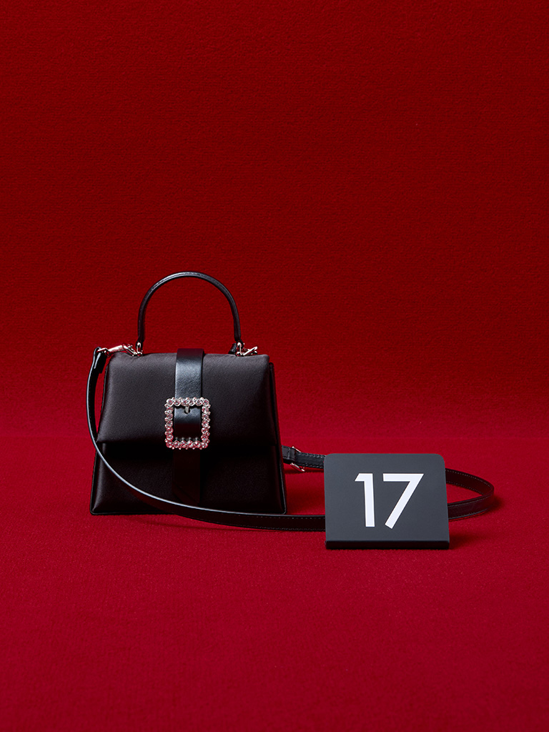 Satin Crystal-Buckle Belted Top Handle Bag in black — CHARLES & KEITH