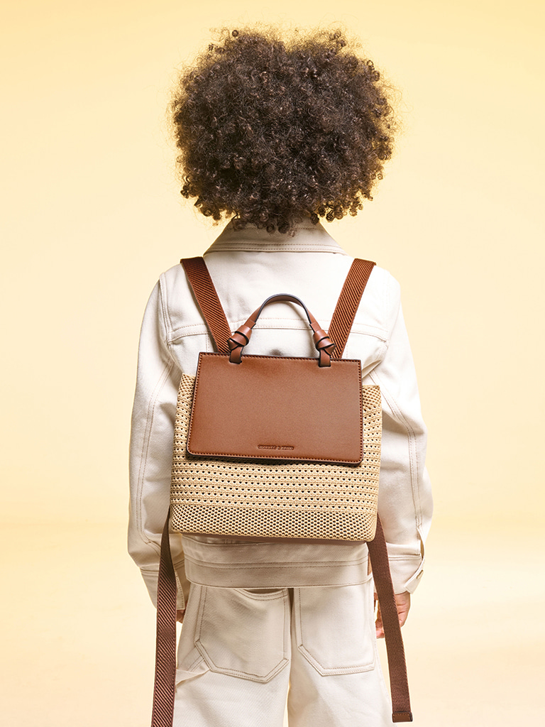 Girls’ Ida knitted front flap backpack in beige - CHARLES & KEITH