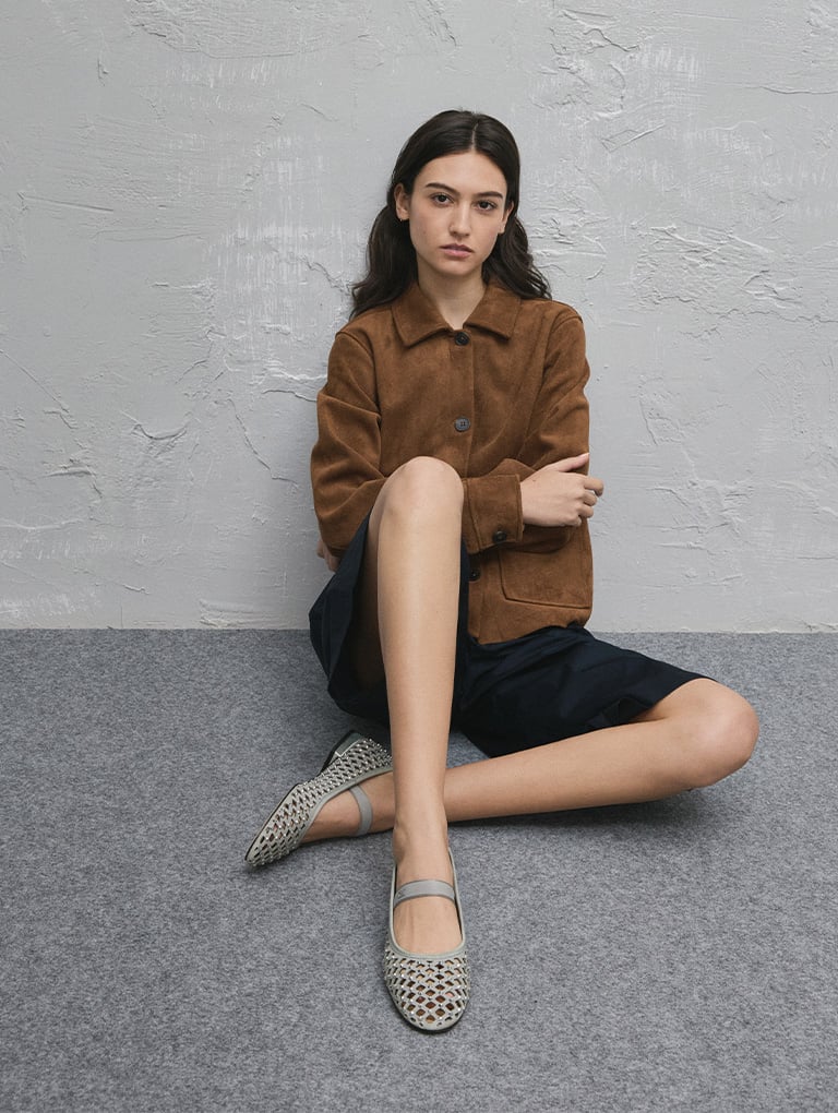 Women’s Studded Cut-Out Ballet Flats in light grey - CHARLES & KEITH