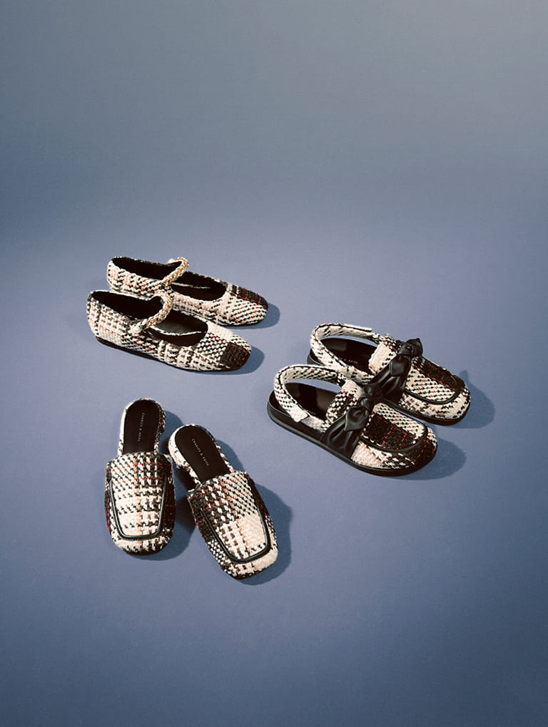 Women’s Woven chain-link Mary Jane flats; Woven bow-tie slingback loafers; woven block heel mules; all in multi - CHARLES & KEITH