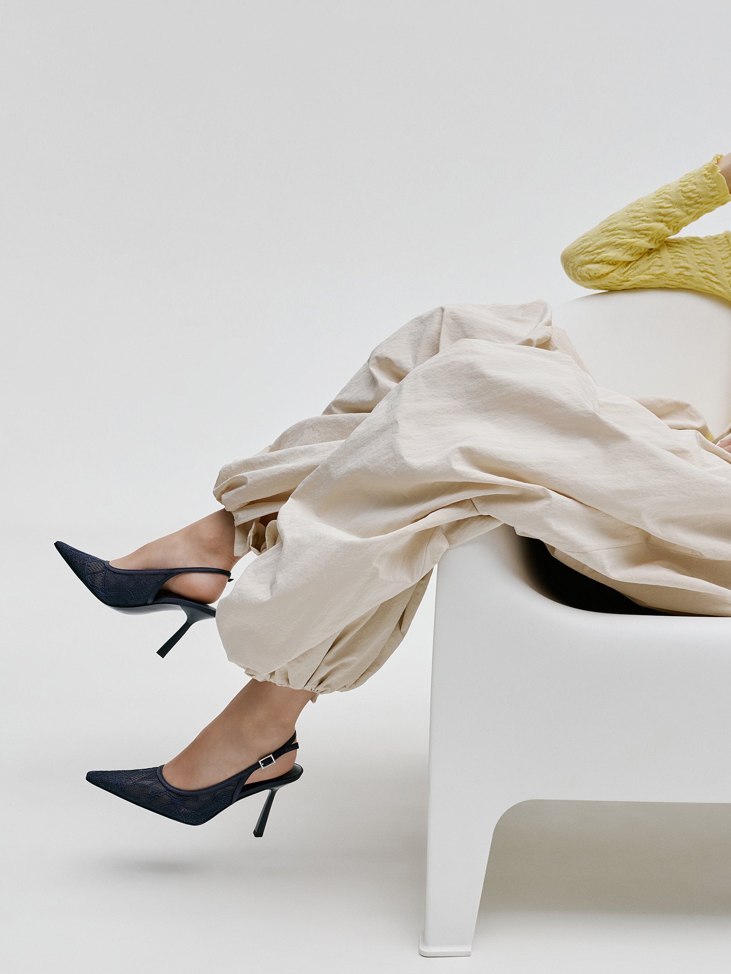 Dark Blue Lace & Satin Slingback Pumps - CHARLES & KEITH