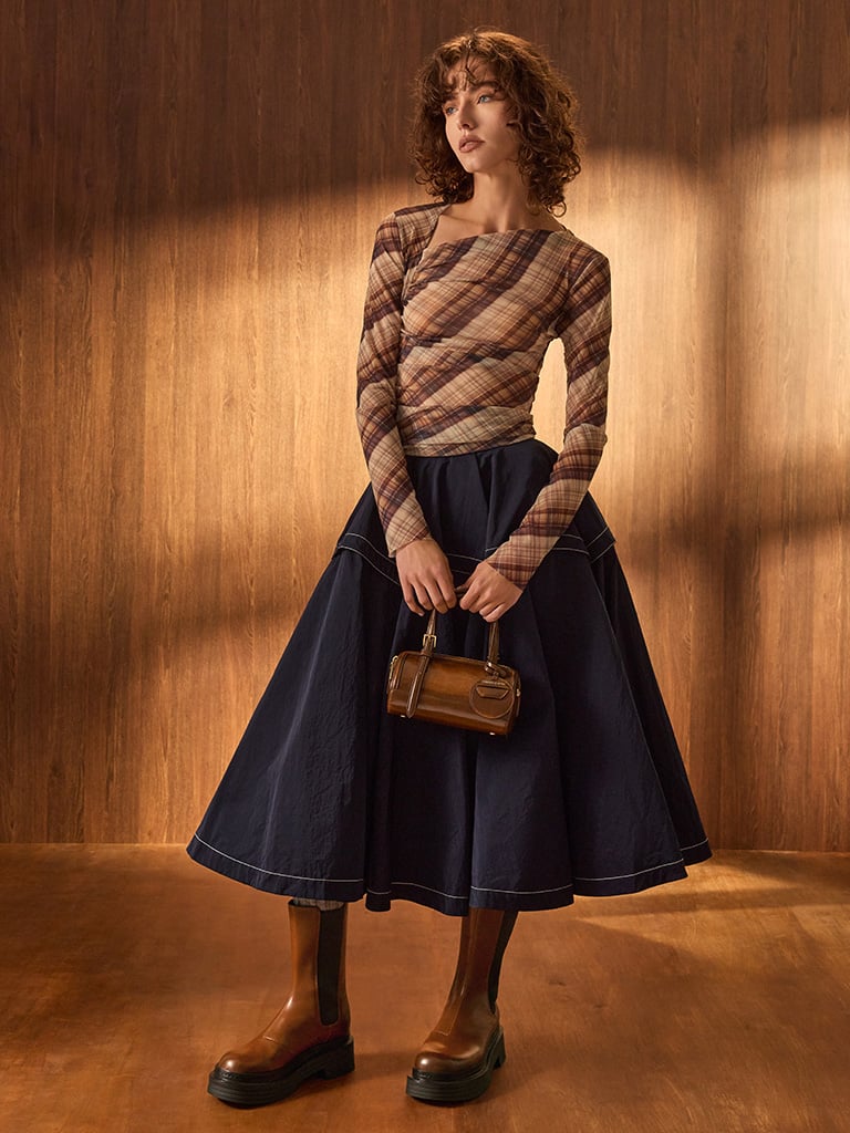 Stitch-Trim Platform Mid-Calf Chelsea Boots and Enola Bowling Bag, both in tan - CHARLES & KEITH