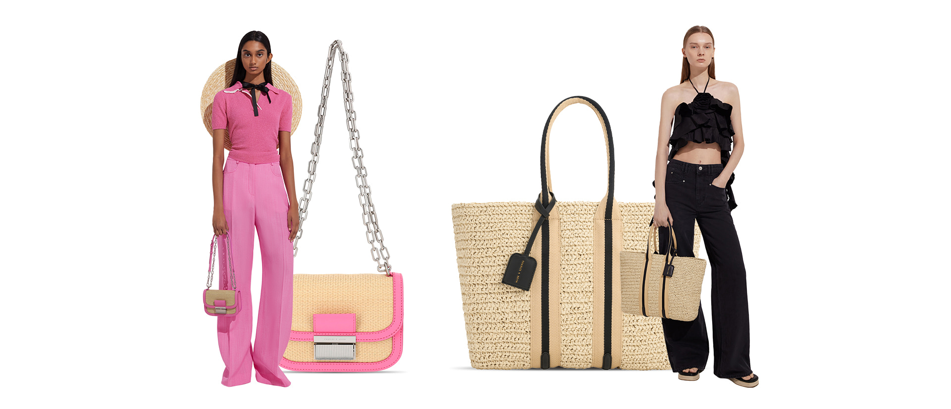 Women’s Charlot Raffia Chain Strap Bag and Striped Handles Raffia Tote Bag in black - CHARLES & KEITH