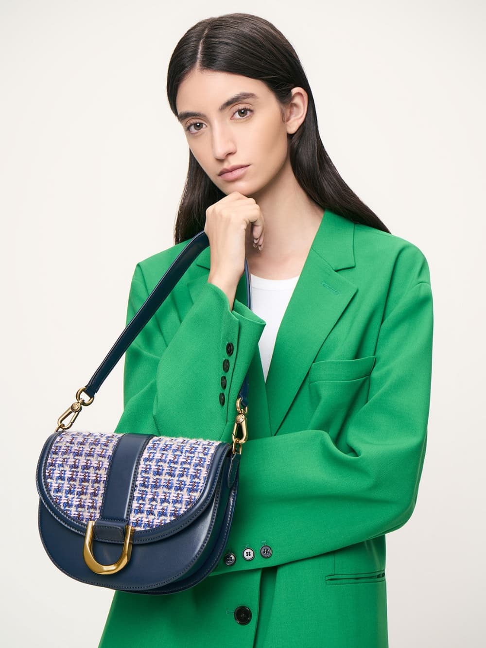 Women's navy Gabine tweed saddle bag - CHARLES & KEITH