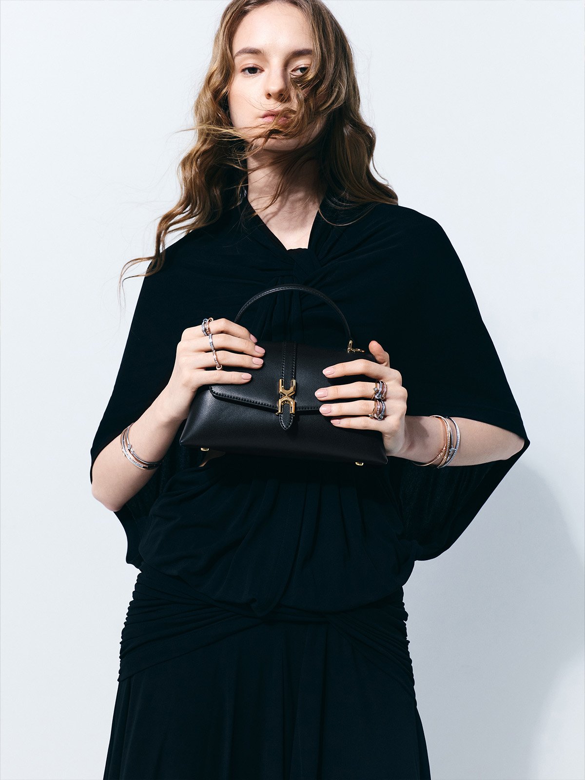 Black Britton Ruched Elongated Shoulder Bag - CHARLES & KEITH