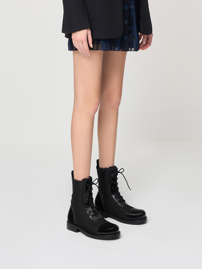 Women’s nylon & patent combat boots  - CHARLES & KEITH