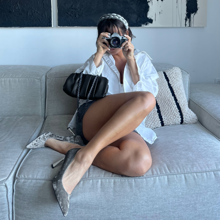 Women’s Ellie velvet stiletto pumps and Claudette ruched top handle bag, as seen on Taylor LaShae – CHARLES & KEITH