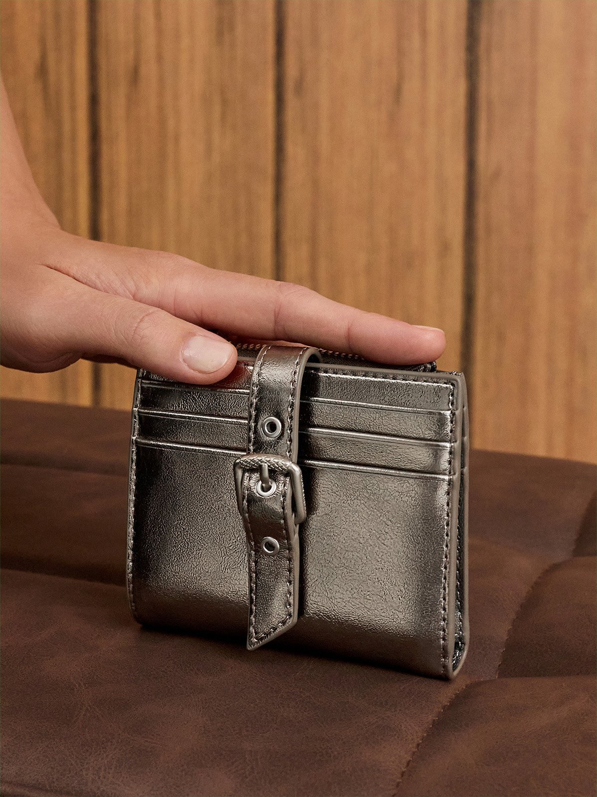 Pewter Blaise Metallic Grommet-Belt Top-Zip Small Wallet - CHARLES & KEITH