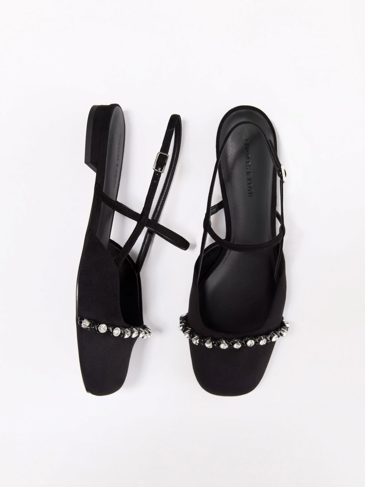 Black Textured Faux Suede Crystal Slingback Flats - CHARLES & KEITH
