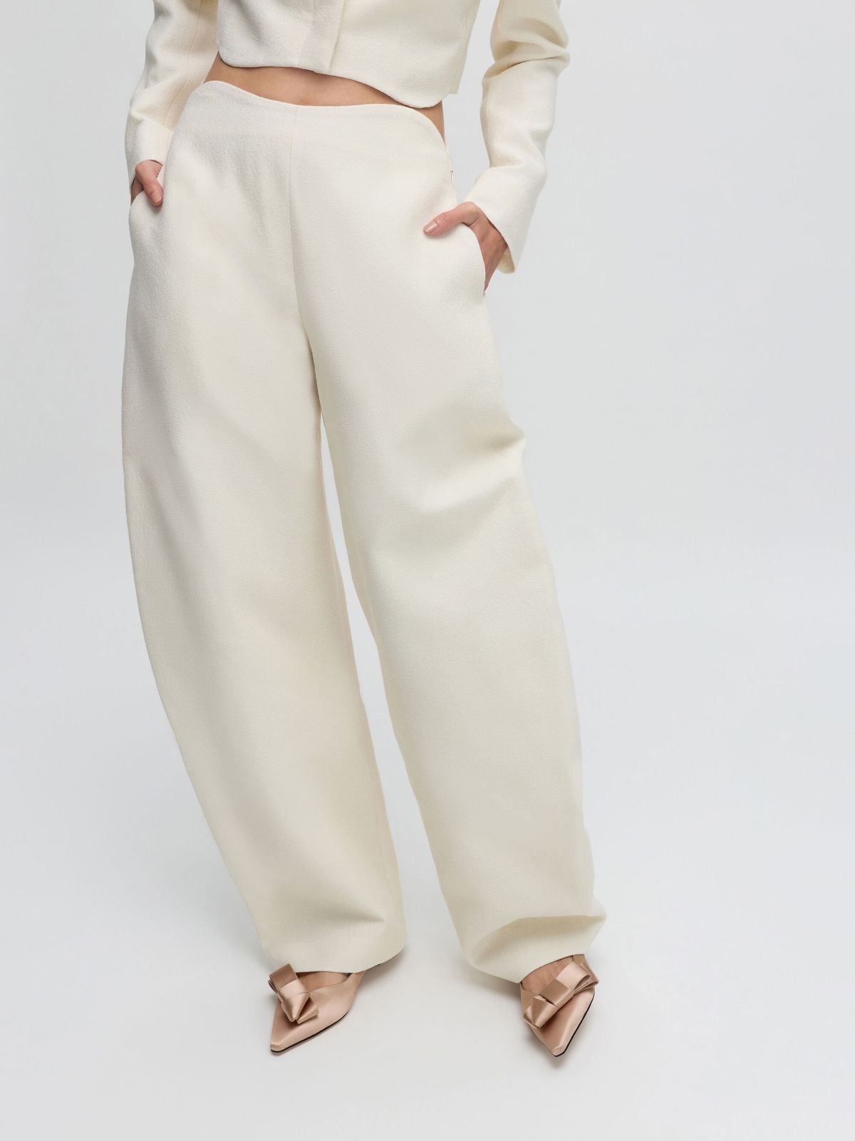 Nude Pleated-Bow Pointed Ballet Flats - CHARLES & KEITH