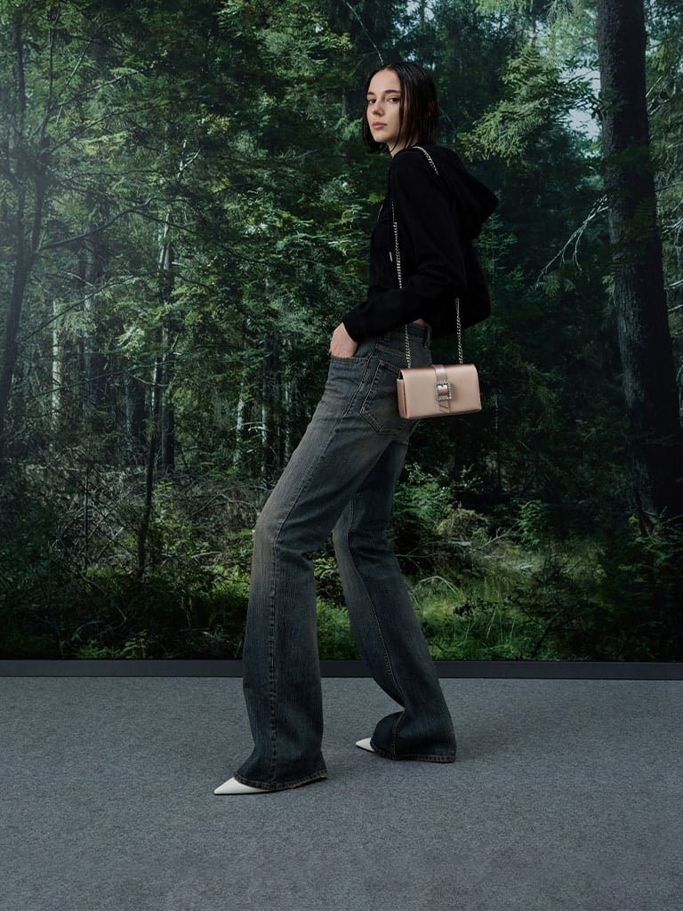 Satin Crystal-Buckle Belted Chain-Handle Bag in nude — CHARLES & KEITH