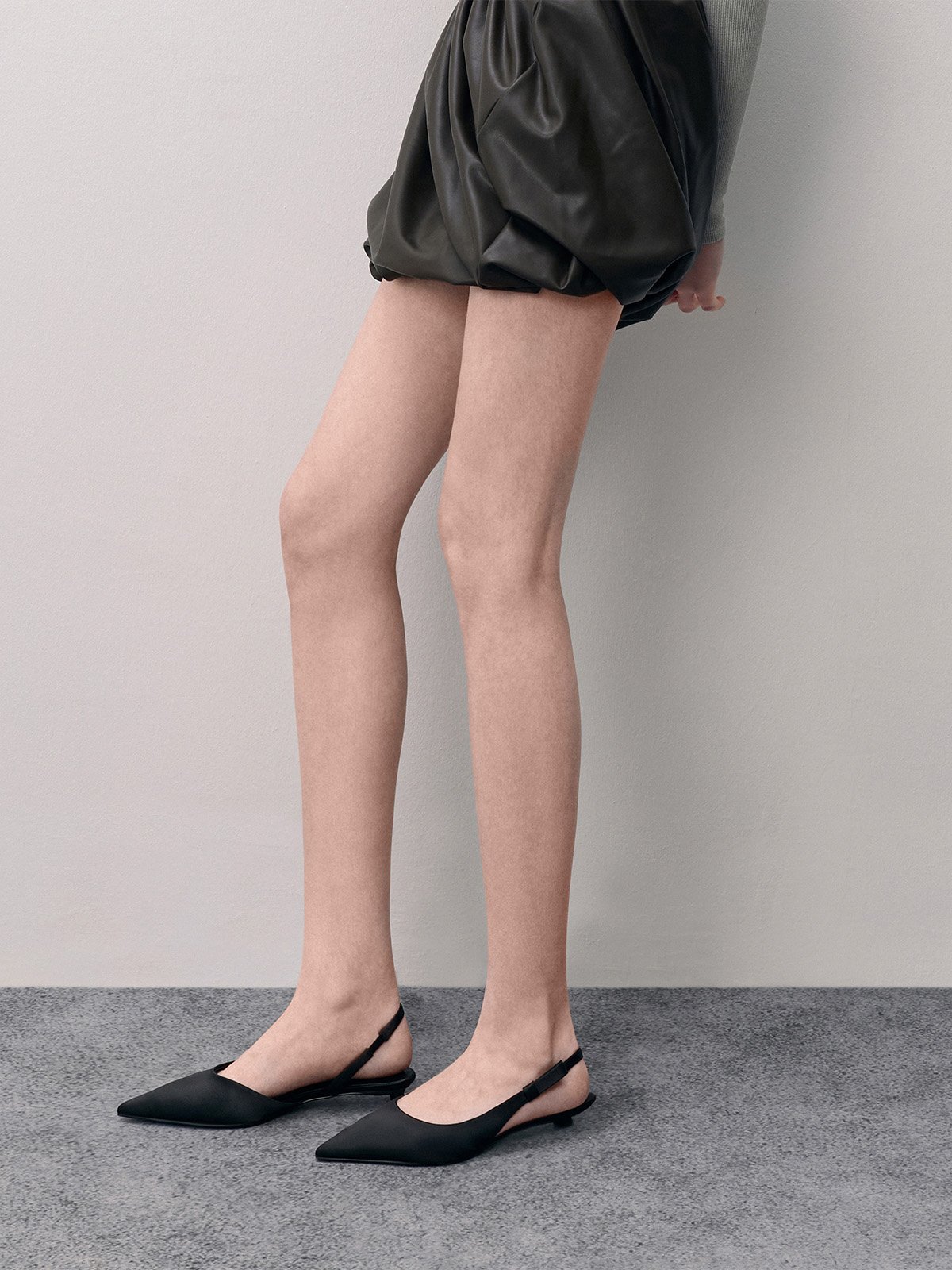 Black Textured Faux Suede Studded Pointed-Toe Pumps - CHARLES & KEITH