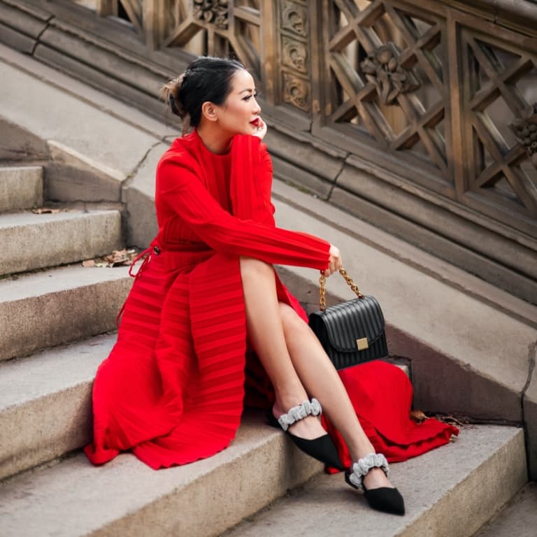 Women’s panelled chain handle bag and gem-encrusted ruched strap textured mules, as seen on Wendy Nguyen - CHARLES & KEITH