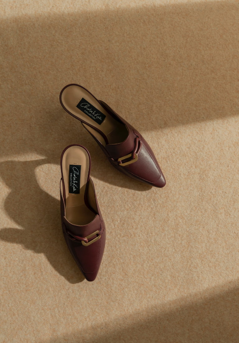 Women’s embellished leather mules in burgundy – CHARLES & KEITH