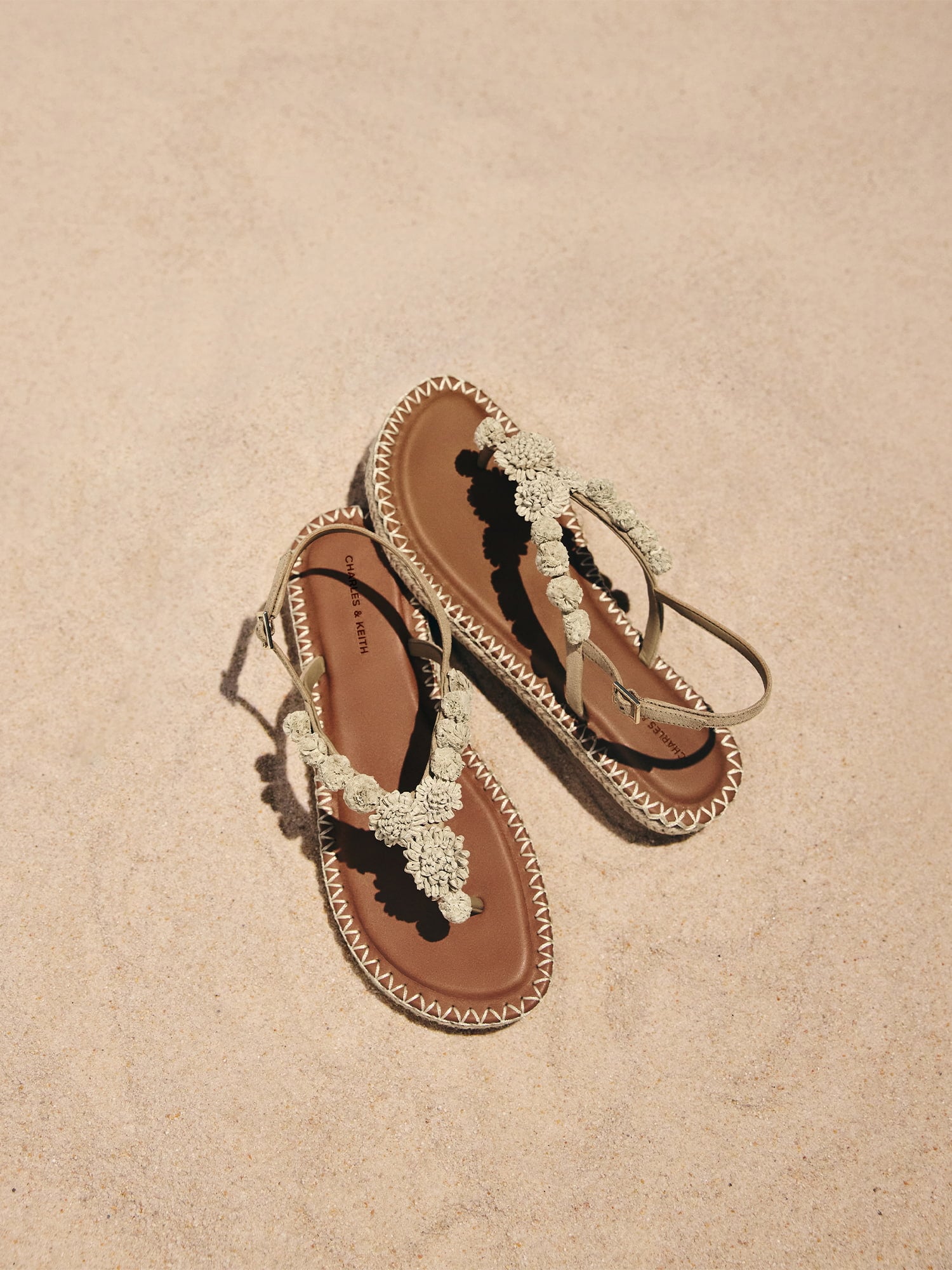 Sand Faux Suede Flower Espadrille Thong Sandals - CHARLES & KEITH