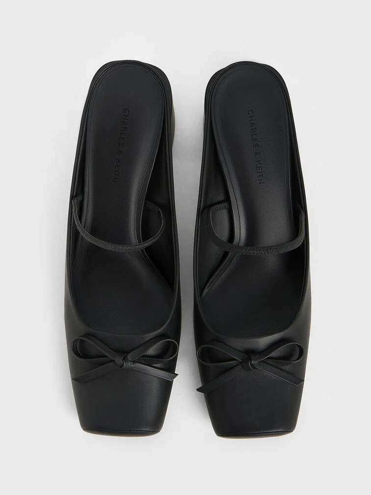 Women’s bow square-toe block-heel ballet mules in black - CHARLES & KEITH