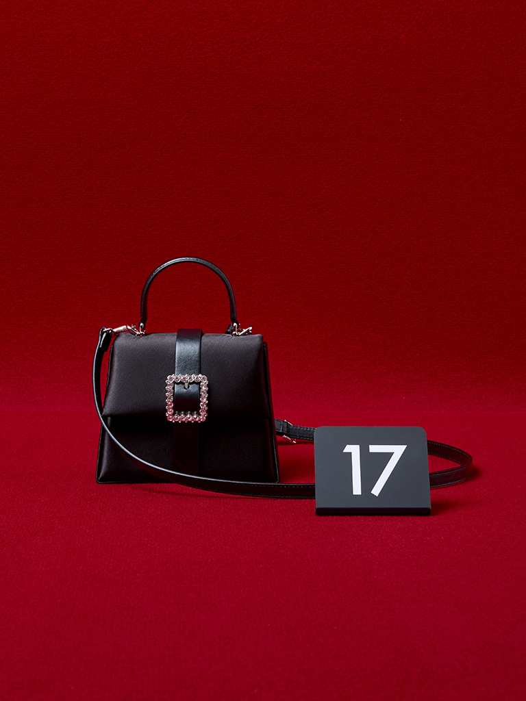 Satin Crystal-Buckle Belted Top Handle Bag in black — CHARLES & KEITH