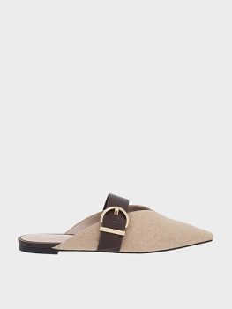 Textured V-Cut Buckled Flat Mules - Beige