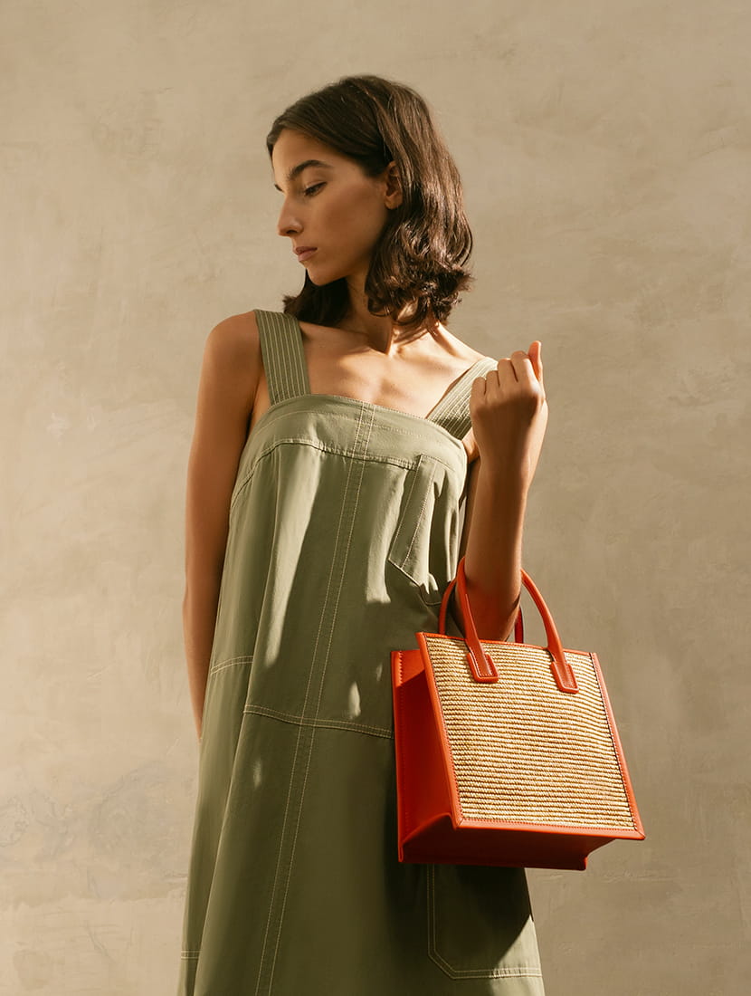 Women’s raffia double handle tote bag in orange - CHARLES & KEITH