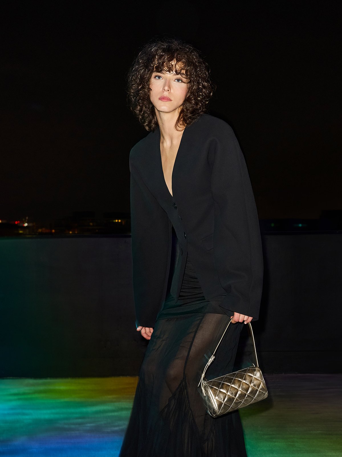 Champagne Janie Metallic Quilted Shoulder Bag - CHARLES & KEITH