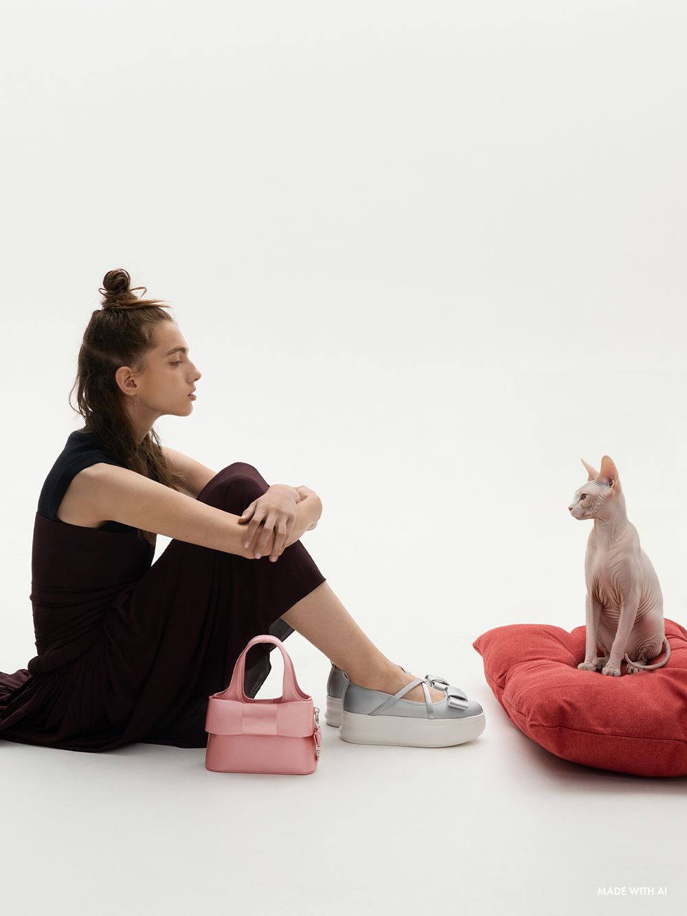 Women’s Aravis satin bow-heart charm, Aravis satin bow bucket bag and Brantley recycled polyester bow crossover-strap platform Mary Janes - CHARLES & KEITH