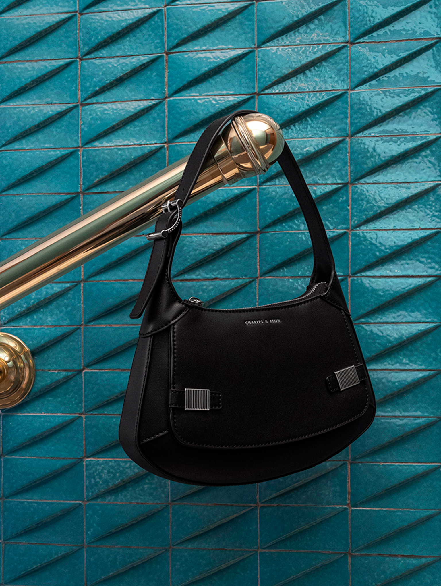 Women's Metallic-Accent Curved Shoulder Bag - CHARLES & KEITH