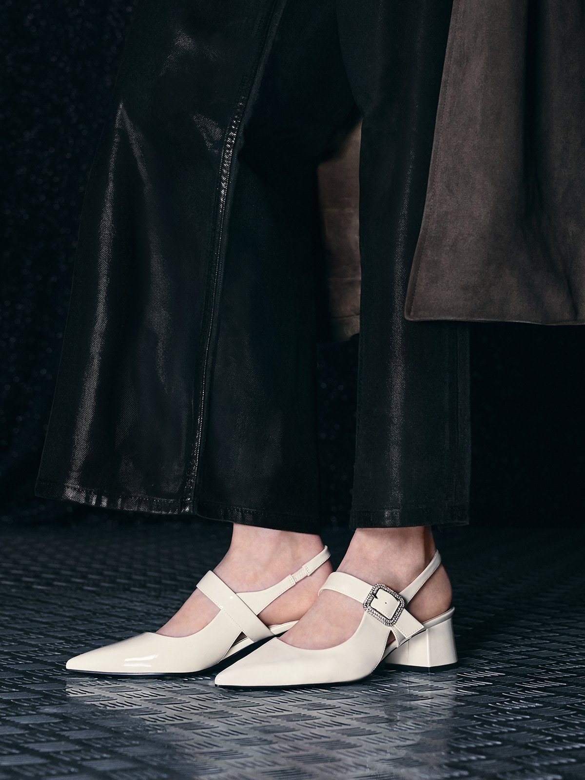 Chalk Patent Crystal-Buckle Block-Heel Slingback Pumps - CHARLES & KEITH