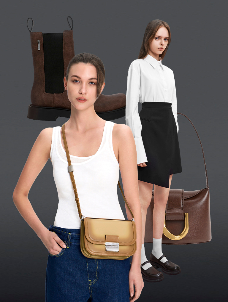 Women’s buckled Mary Jane loafers, Bryn Chelsea boots, Charlot bag, and Gabine bucket bag - CHARLES & KEITH