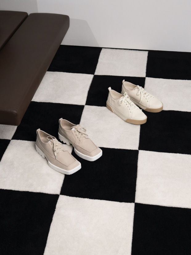 Women’s recycled polyester low-top sneakers in beige and recycled cotton low-top sneakers in cream - CHARLES & KEITH