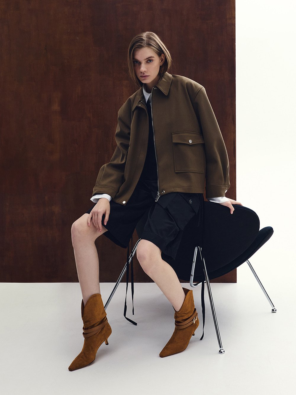 Women's Karter Faux Suede Pointed-Toe Ruched Buckled Kitten-Heel Boots in cognac - CHARLES & KEITH